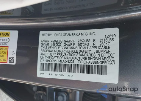 2020 Honda Accord Ex-L из США, поврежденный, VIN 1HGCV1F51LA043205